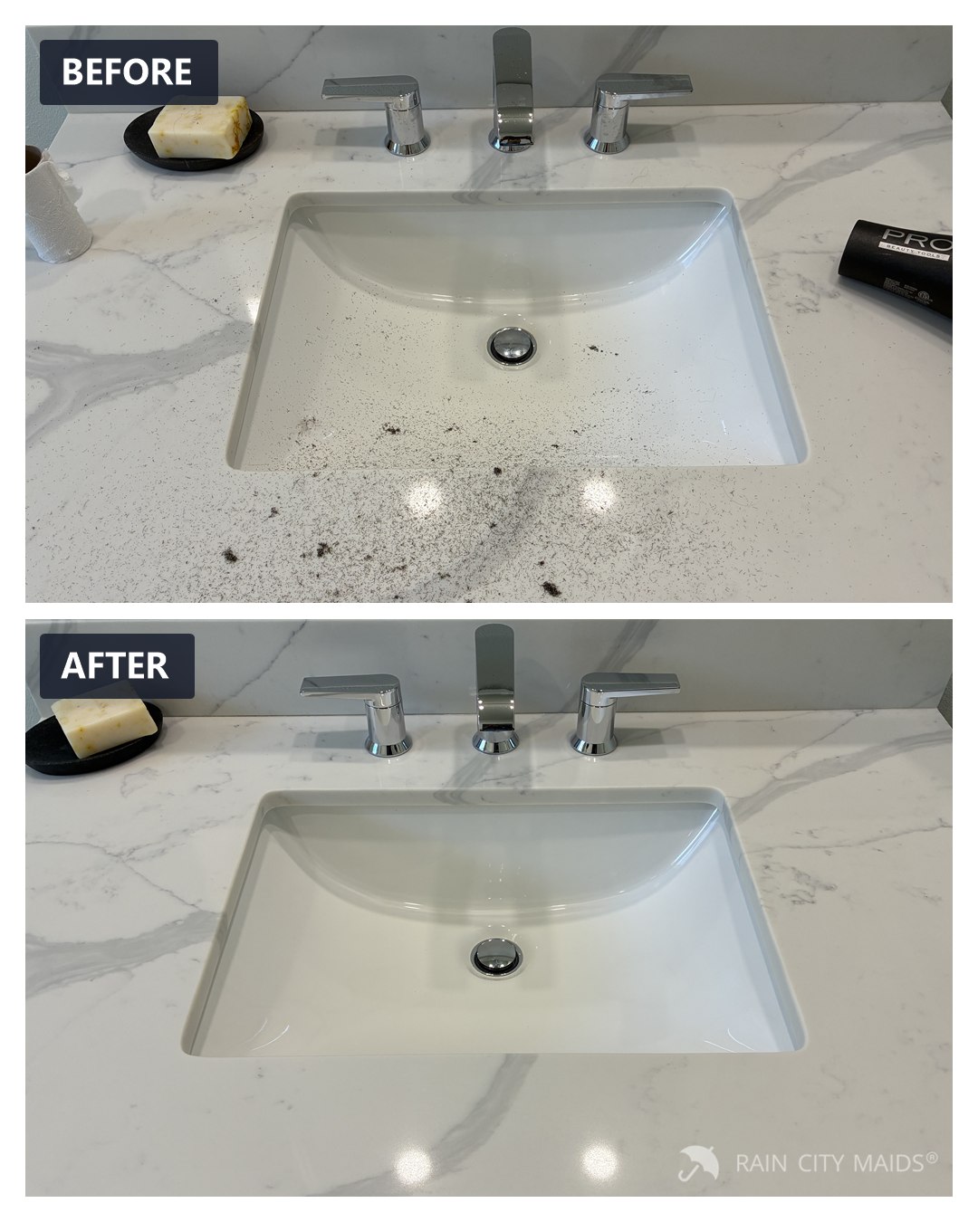 Bathroom vanity before and after cleaning, Kirkland