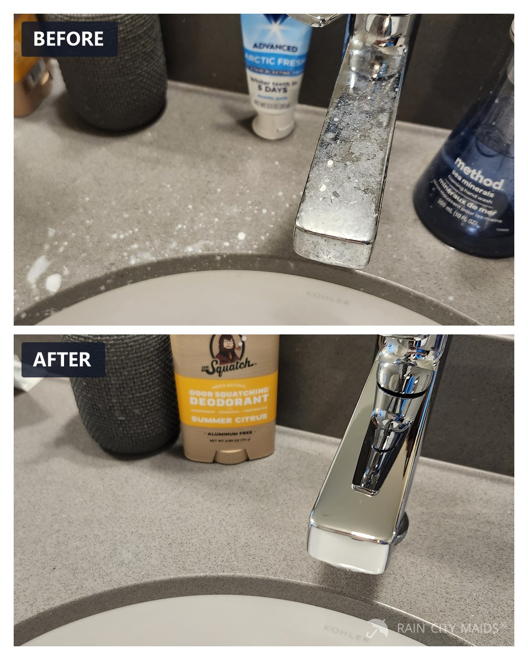 Bathroom faucet before and after cleaning, Bothell