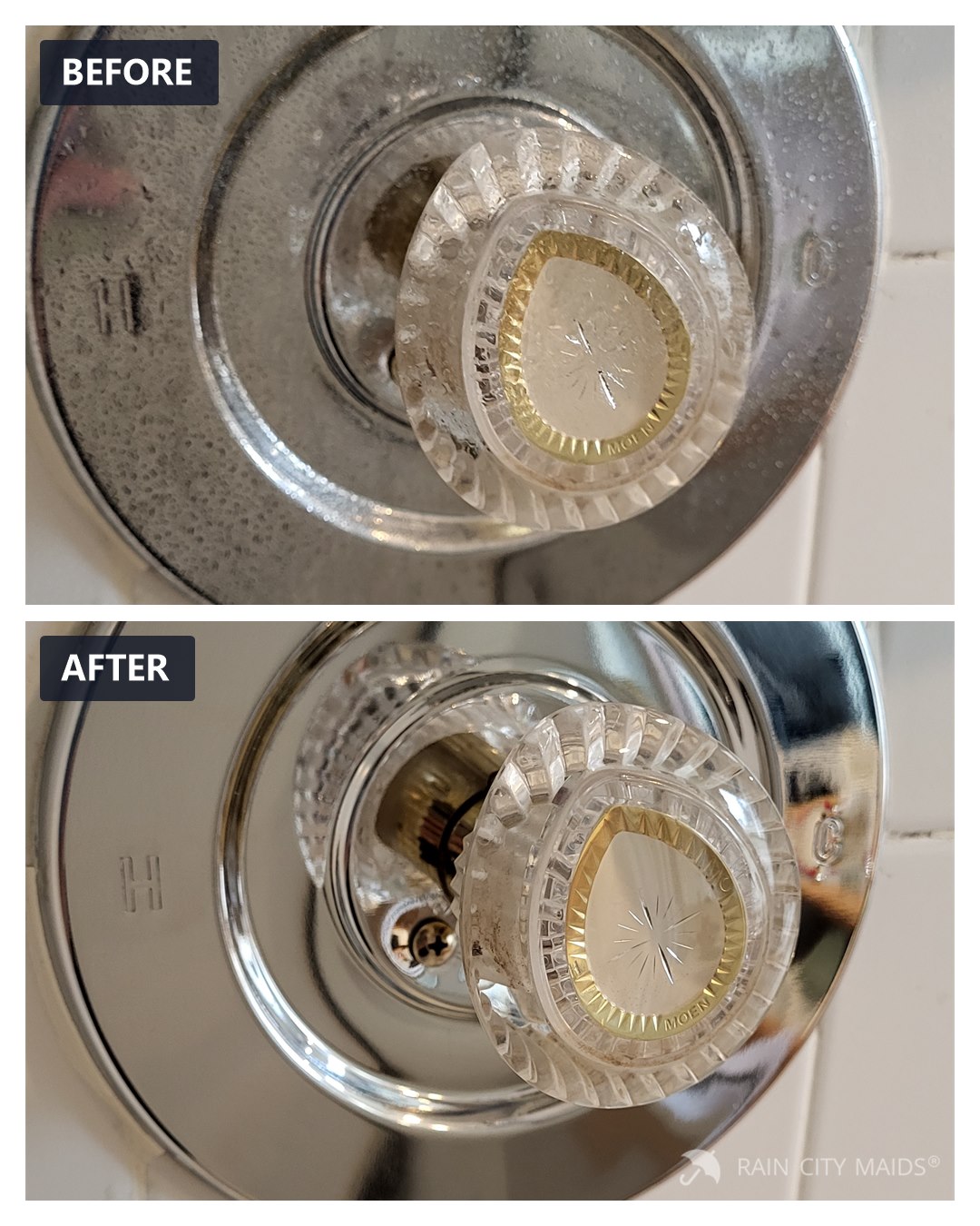 Shower faucet before and after cleaning, Redmond